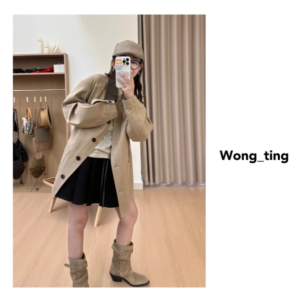 【wong_ting】小众设计师e1韩系撞色翻领中长款风衣外套90156