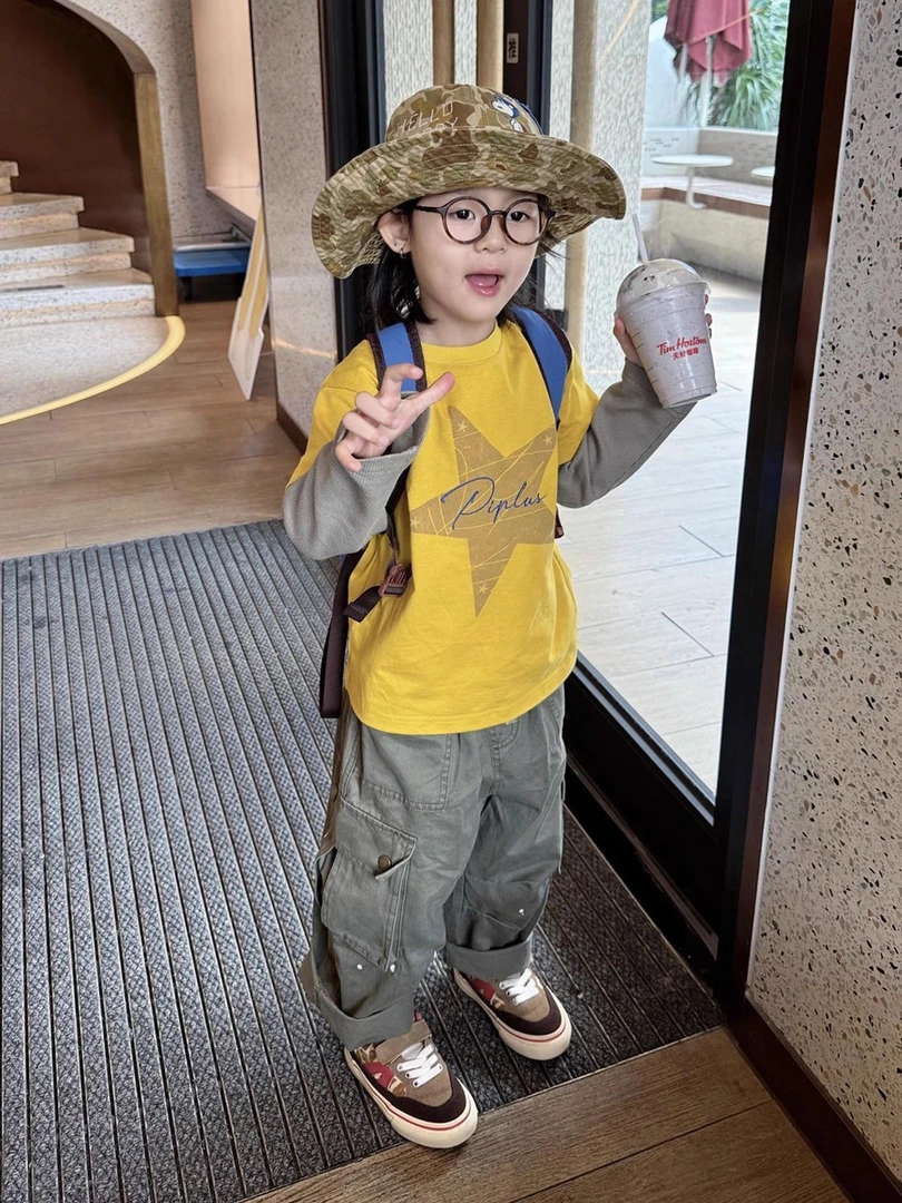 韩国童装2025秋季新款黄色假两件卡通五角星长袖男童潮酷工装长裤