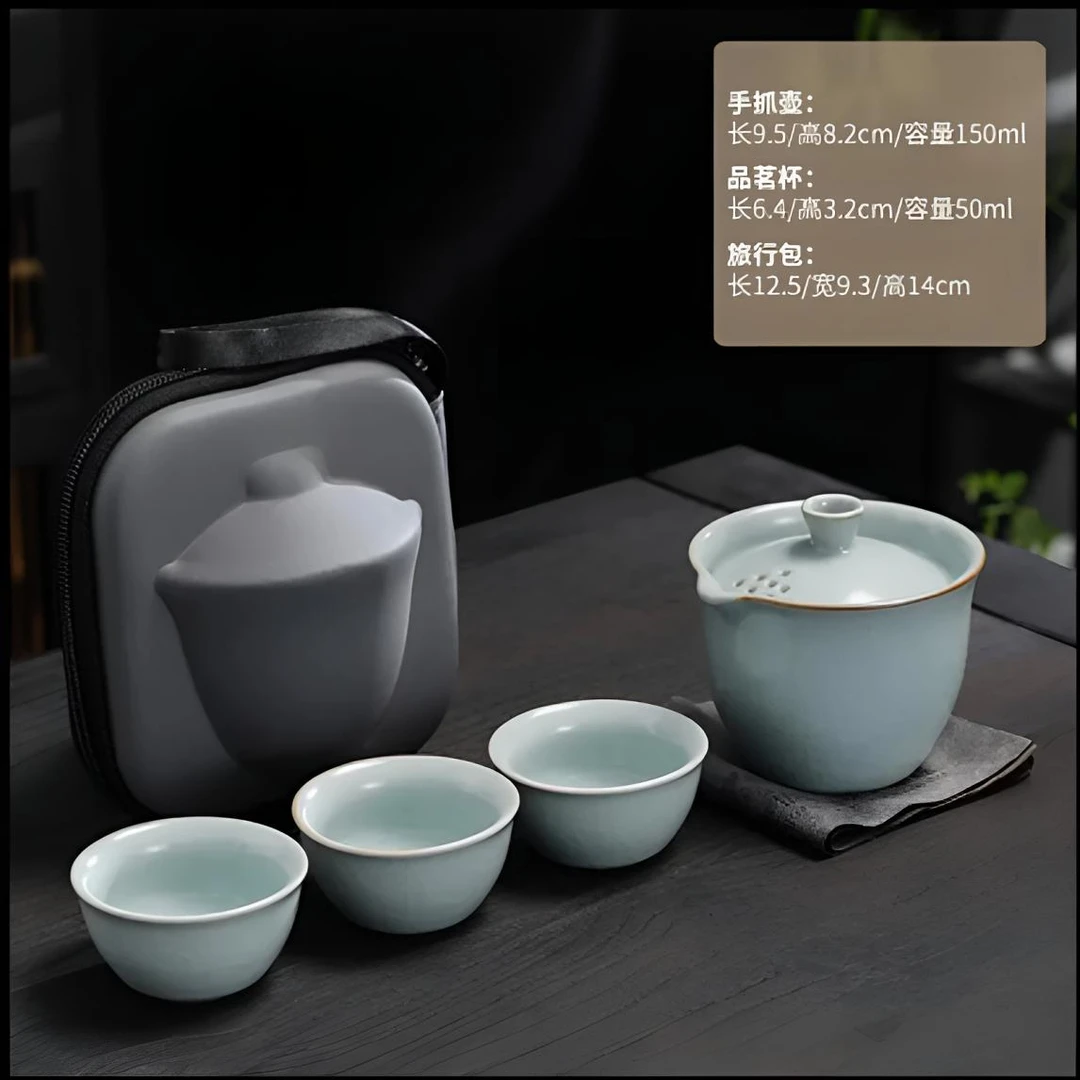 汝窑天青开片便携旅行茶具一壶三杯户外露营功夫泡茶套装82