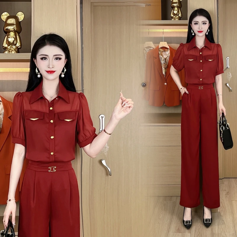 2025夏季新款轻奢气质衬衫显瘦直筒阔腿裤时尚休闲套装女【DY27】
