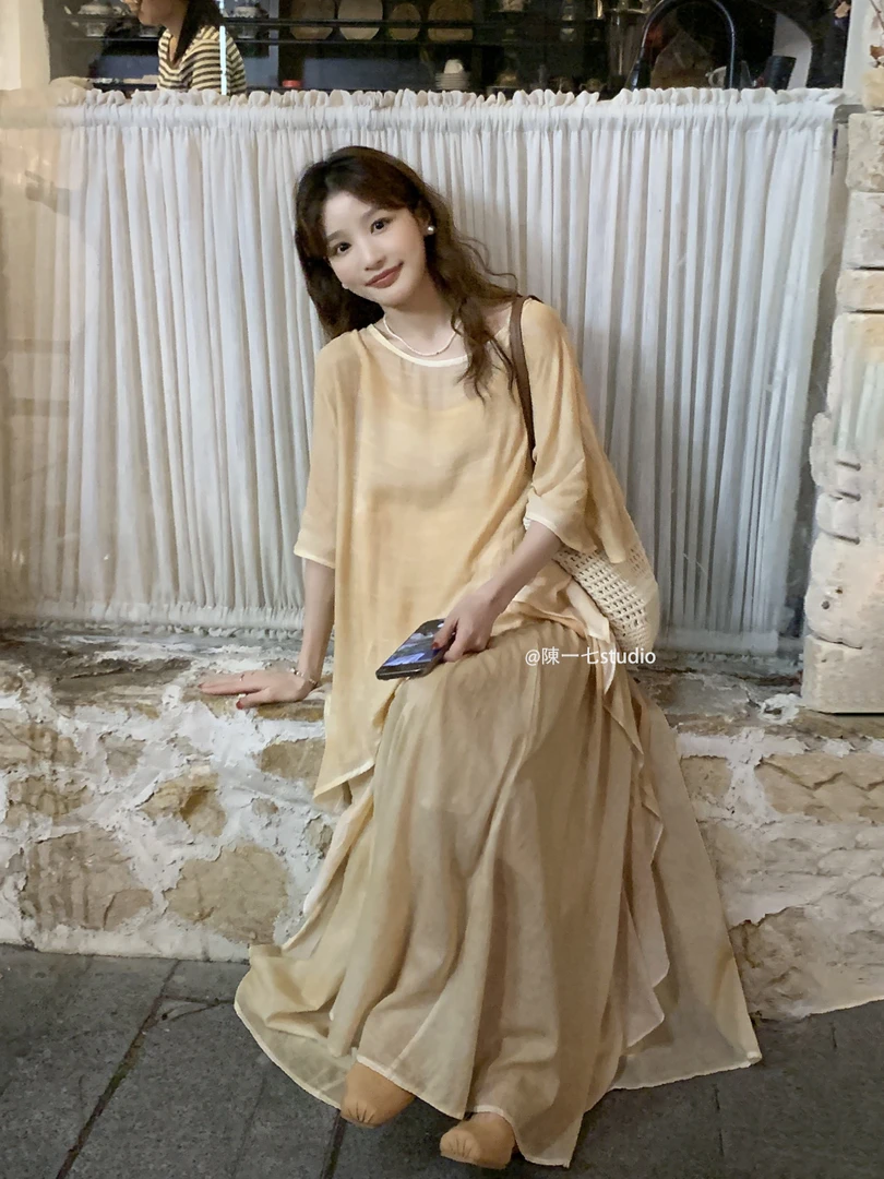 陳一七【侘寂少女】定制面料松弛夏日禅意风小众设计感大裙摆连衣裙