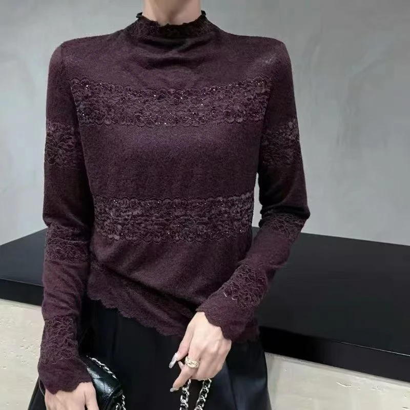 【锦衣服饰】ONM 7710韩系蕾丝拼接立领长袖打底