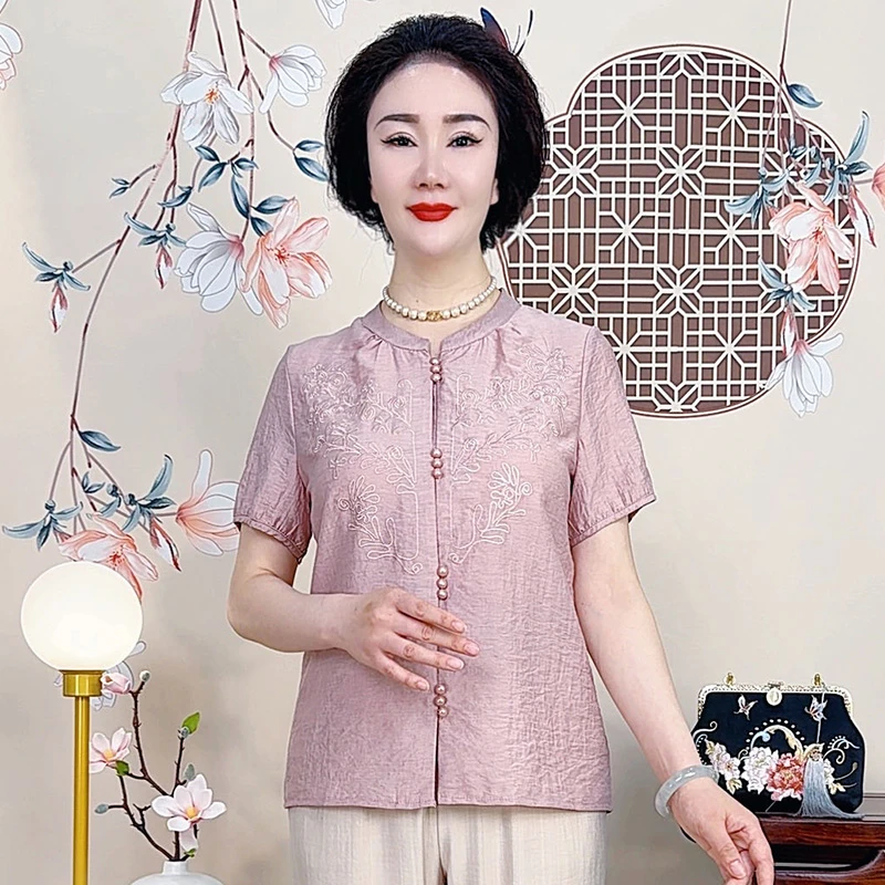 母亲节妈妈夏季新中式短袖2025新款中老年女装洋气刺绣上衣