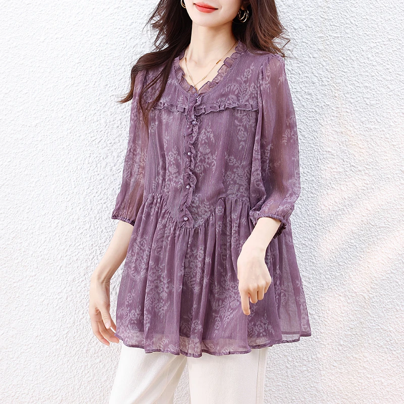 大码衬衫女2025夏季新款宽松显瘦遮肉气质休闲显白百搭七分袖上衣