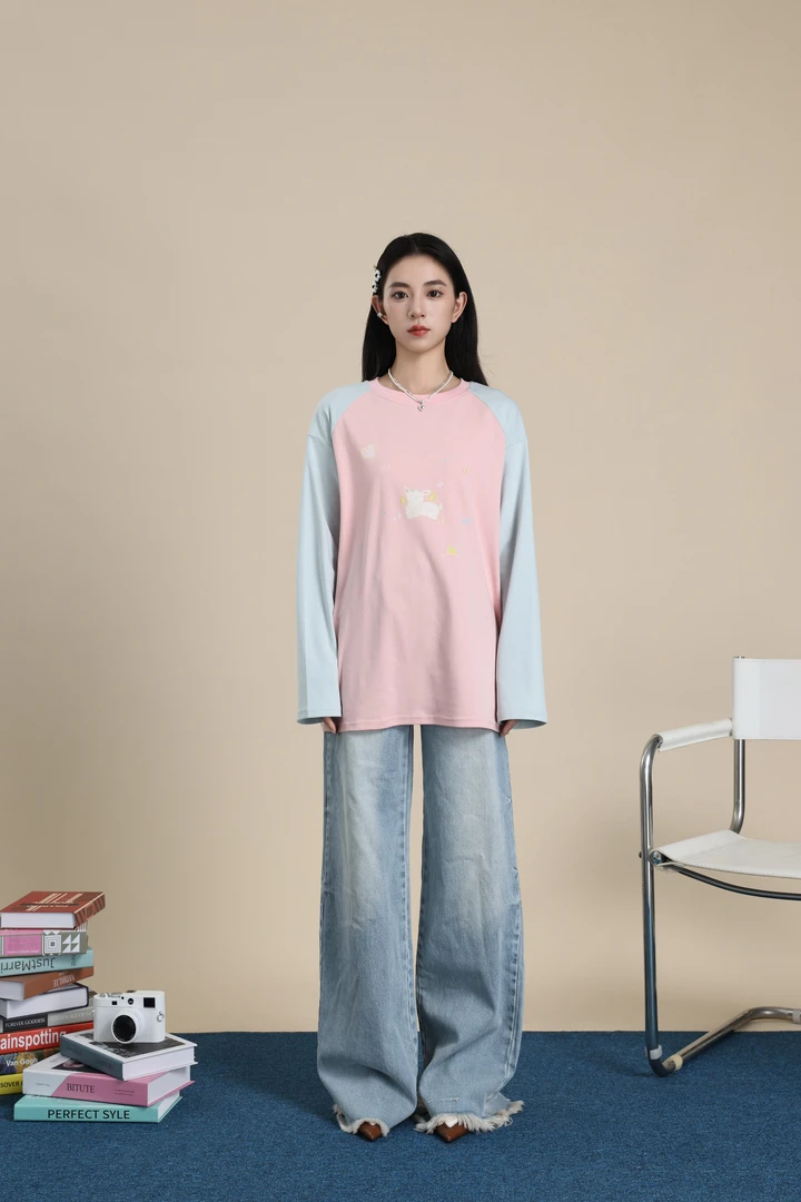 QUEEN DATE.25AW撞色小羊印花宽松长袖T恤