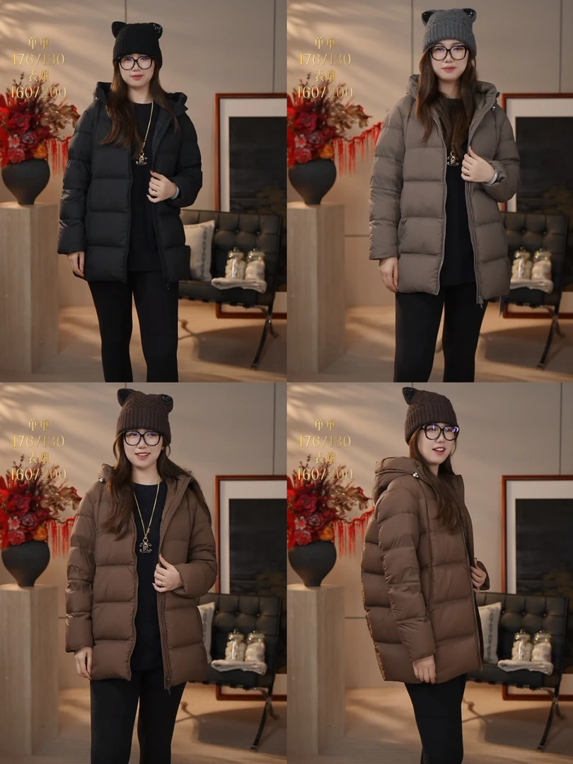 【花满林】三色连帽连帽填充物鸭绒中长款羽绒服75820