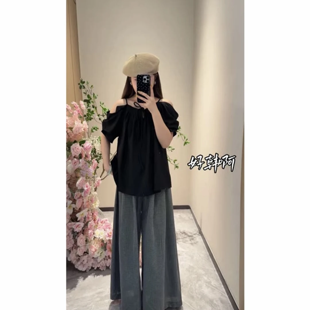 法式气质修身褶皱露肩短袖上衣搭配高腰阔腿长裤