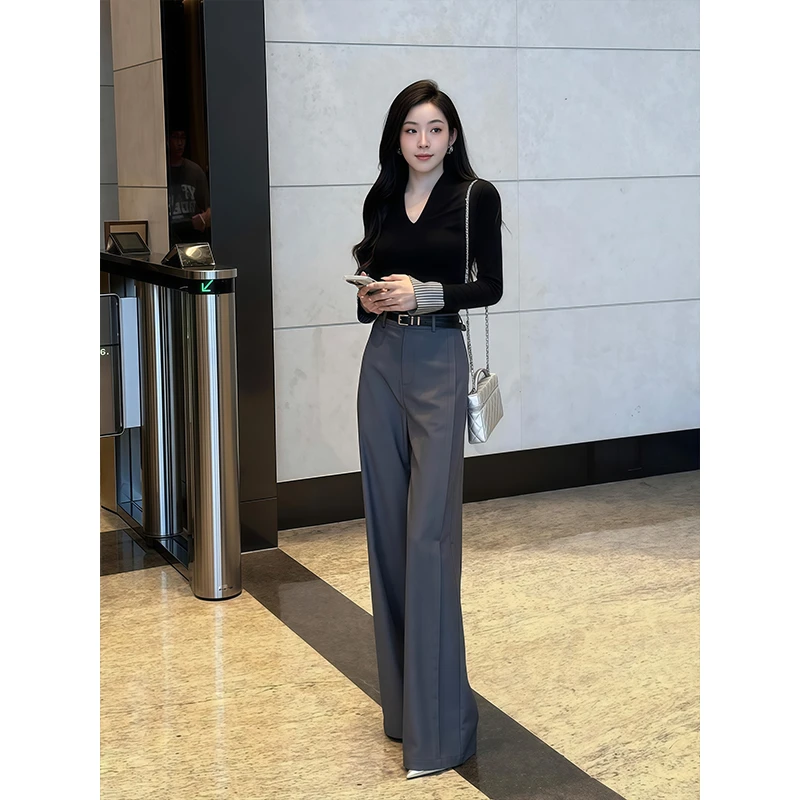 辣妹气质拼接条纹袖V领T恤上衣女秋季新款复古西装阔腿长裤子套装