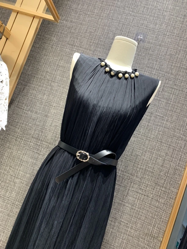 歌锦GEJIN 夏季新品木耳边珍珠领无袖连衣裙9222552384