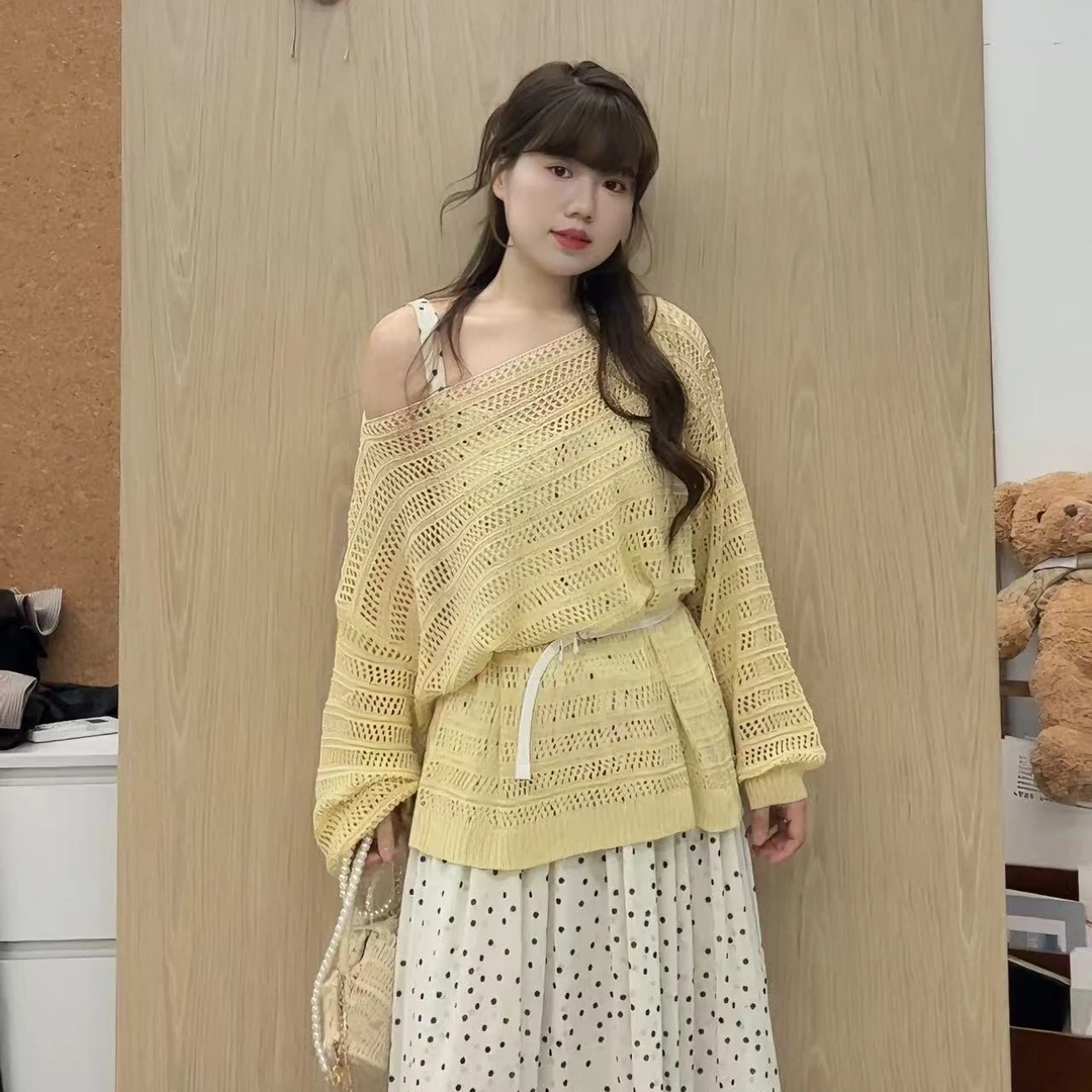米米子定制浅黄色毛针织衫罩衫女装春夏韩版宽松百搭气质镂空上衣