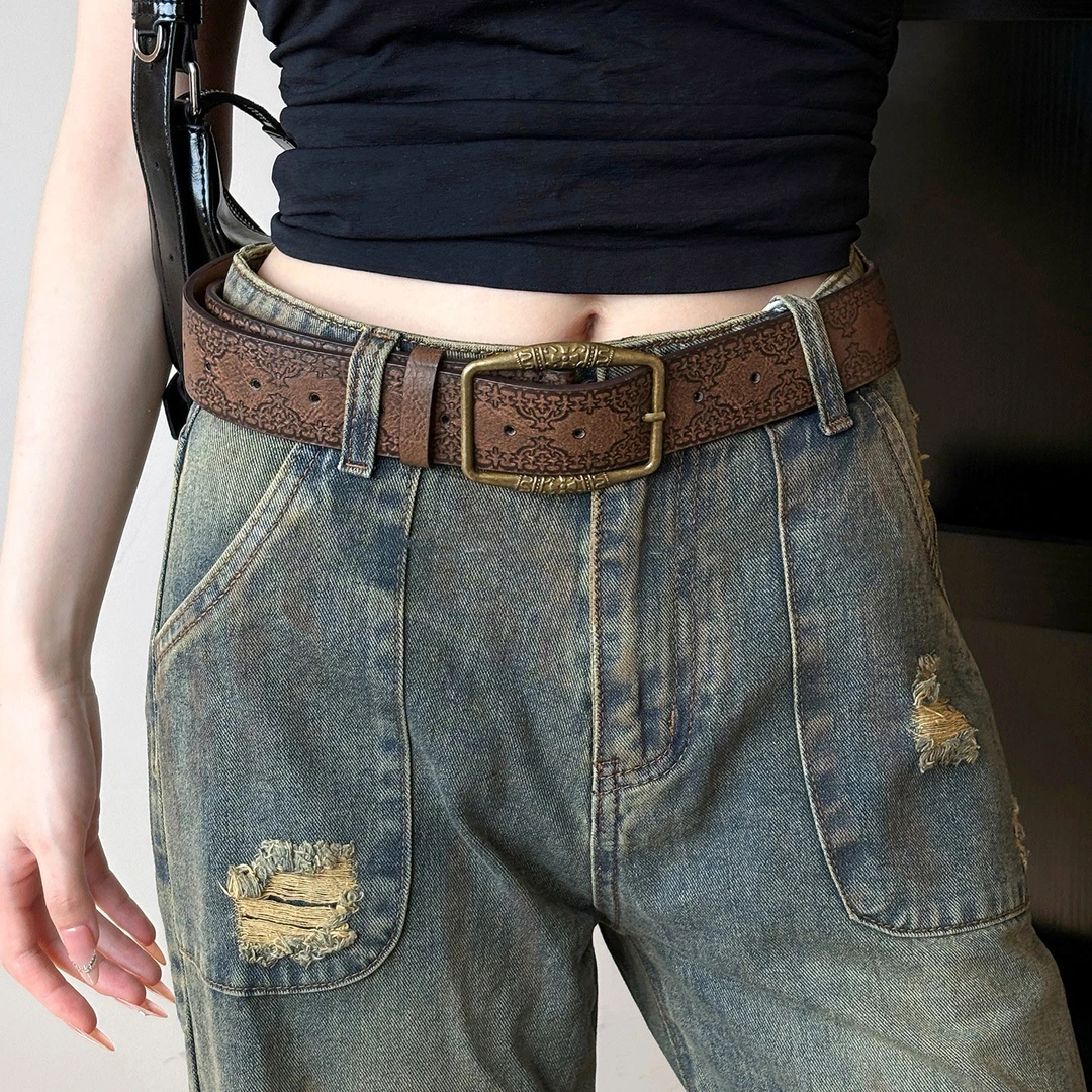 新款美式复古民族y2k腰带美拉德皮带牛仔裤高级搭配棕色压花洋气