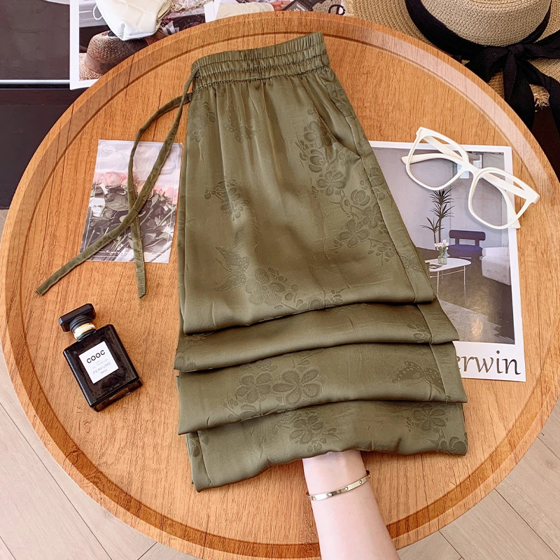 提花阔腿裤女夏2025新款今年流行的冰丝九分裤醋酸直筒裤