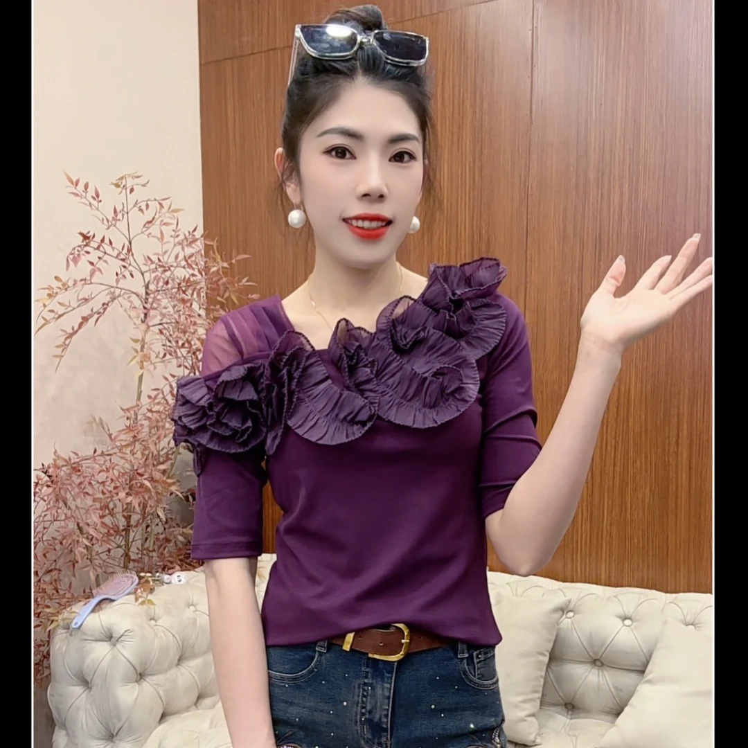月月家,新款秋季百搭洋气时尚显瘦修身气质短袖上衣6116