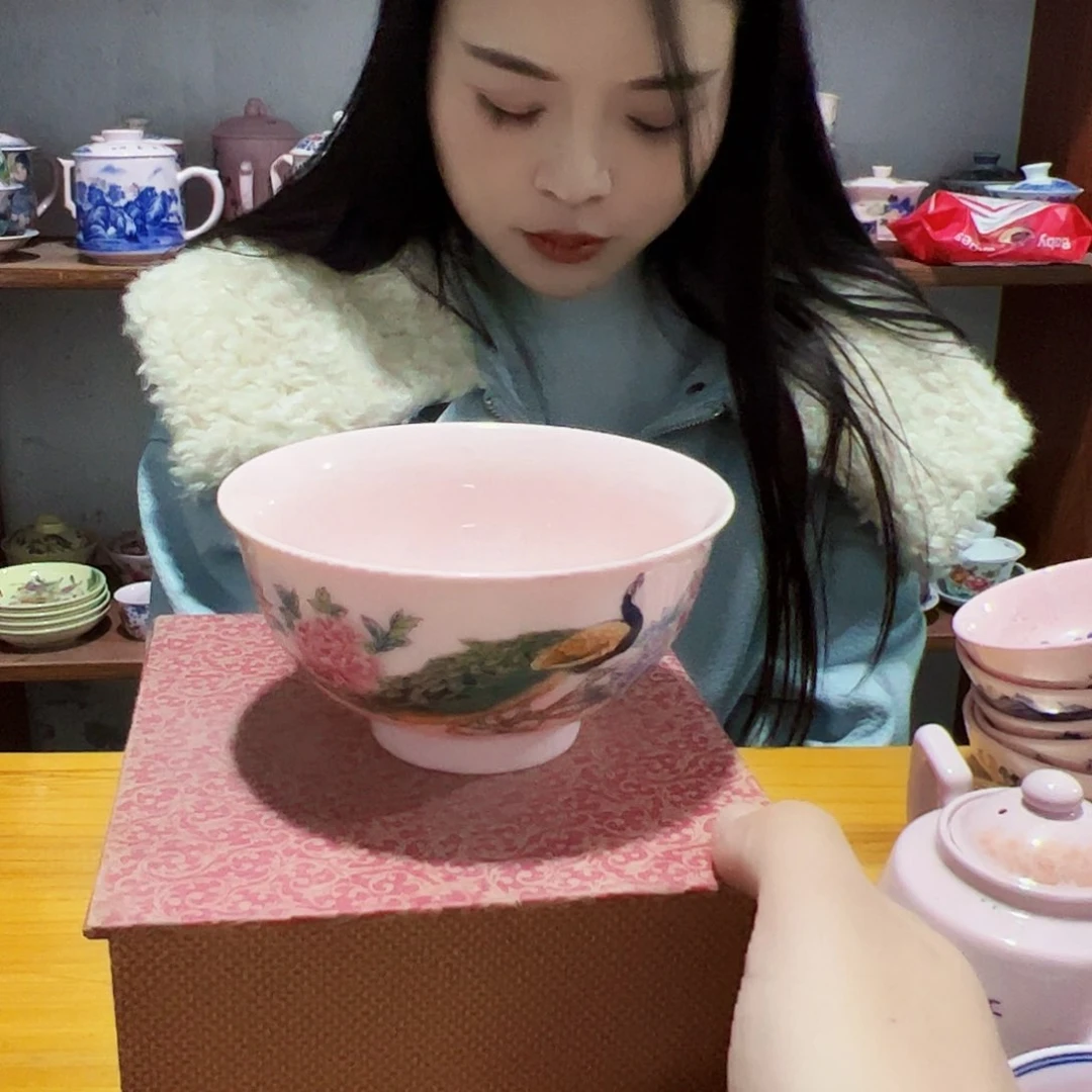 摆件陶景德镇红xixi孔雀碗2个