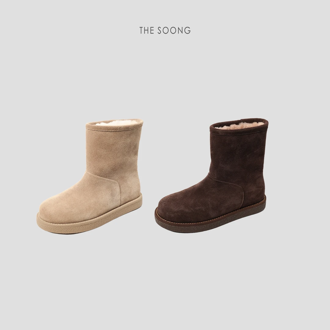 THESOONG|冬季新款牛反绒细腻质感内里羊毛保暖中筒靴HWXZ7994