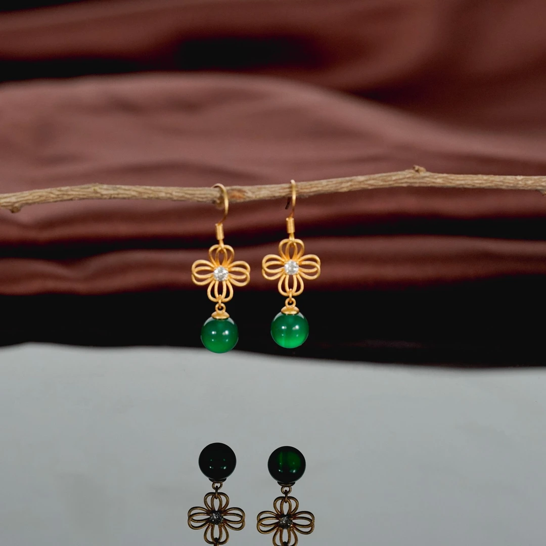 铜合金耳饰 时尚耳饰气质时尚百搭简约古风长款妈妈绿色气质0390E