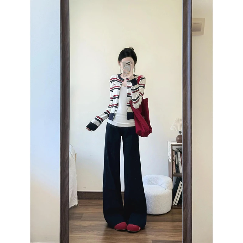 韩系一整套ootd穿搭早秋chic高级感针织开衫外套阔腿裤子两件套装