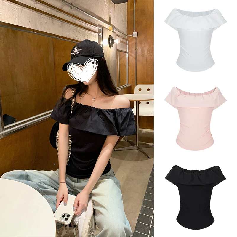 MosesQueen/魔西女王法式黑色一字肩荷叶边短袖T恤收腰显瘦上衣