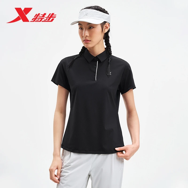 特步女士透气POLO衫夏新品简约百搭polo短袖休闲运动女时尚短袖