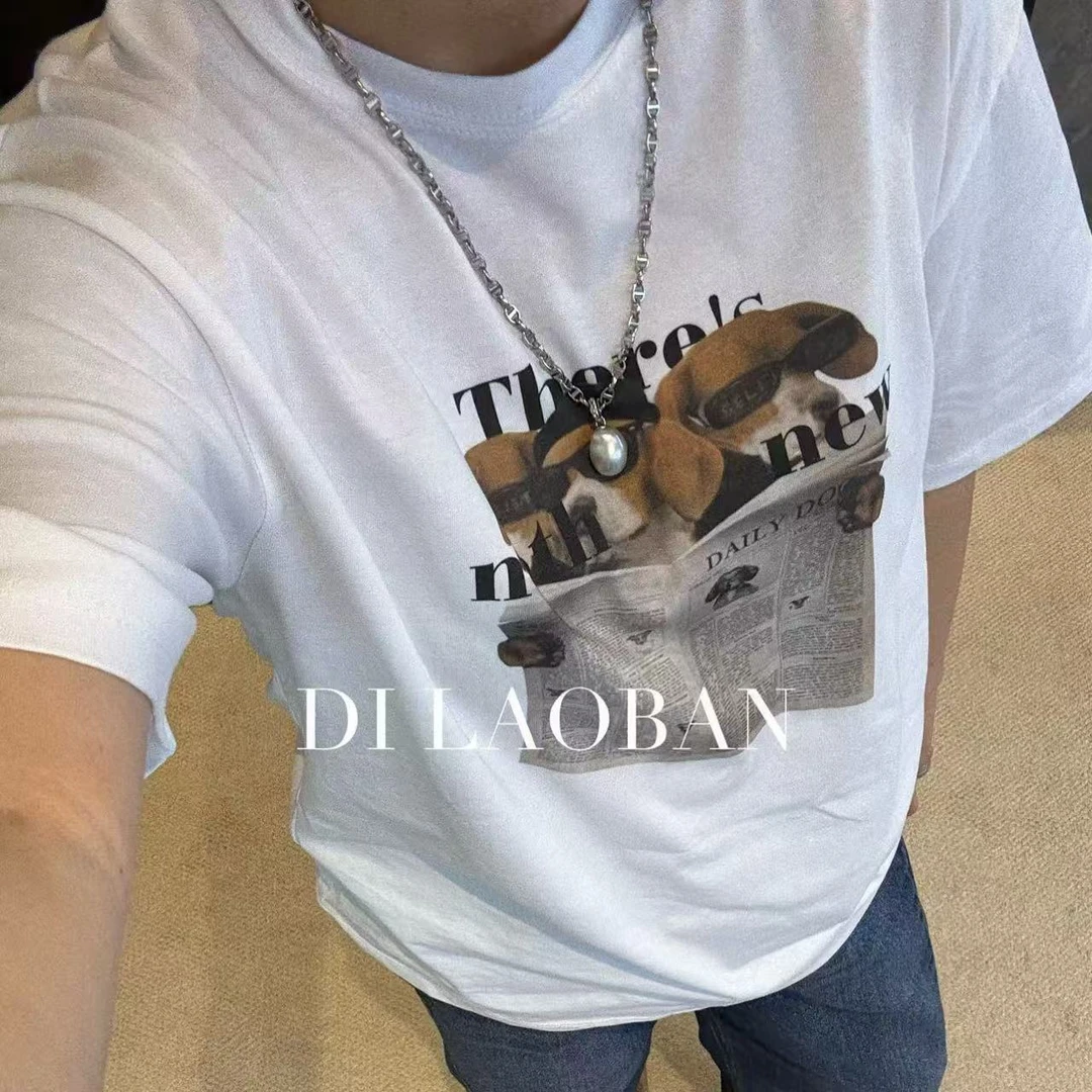 H·G【时光复刻】2997 新款百搭极简休闲小狗带眼镜半袖T恤