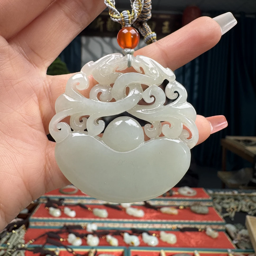 和田玉挂件仿古双龙元宝财源滚滚毛衣链