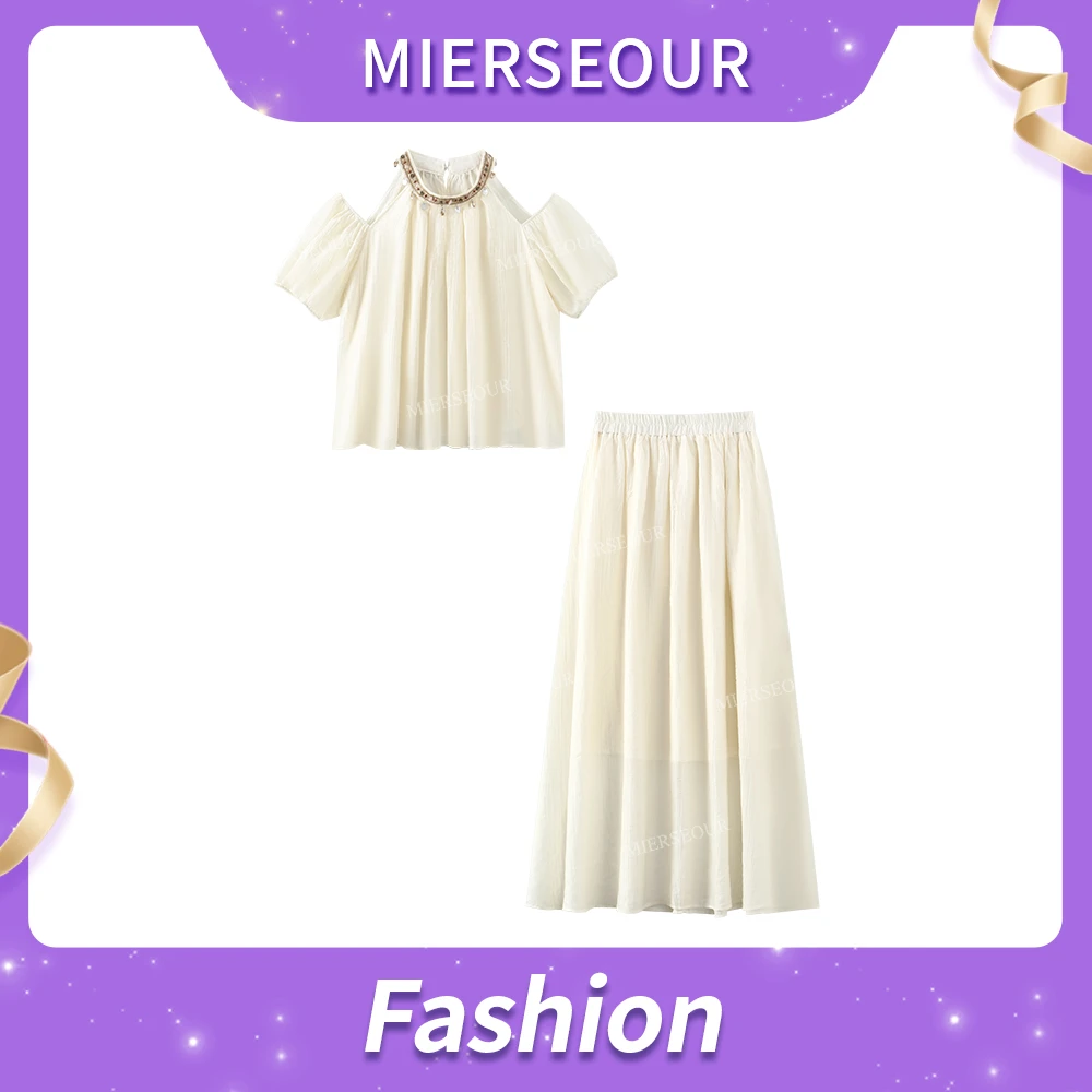 1135282-XH钉珠领露肩衬衫上衣女夏季新款韩系时尚压褶宽松套装