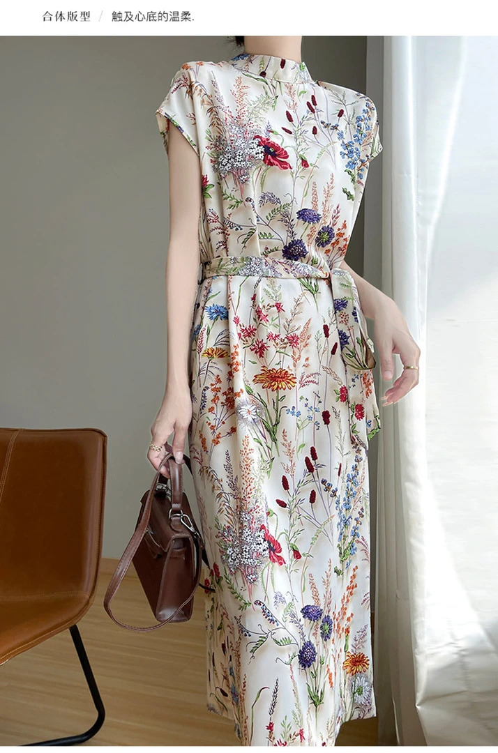 夏季新款印花法式气质小香风高端精致女性碎花修身连衣裙长裙裙子