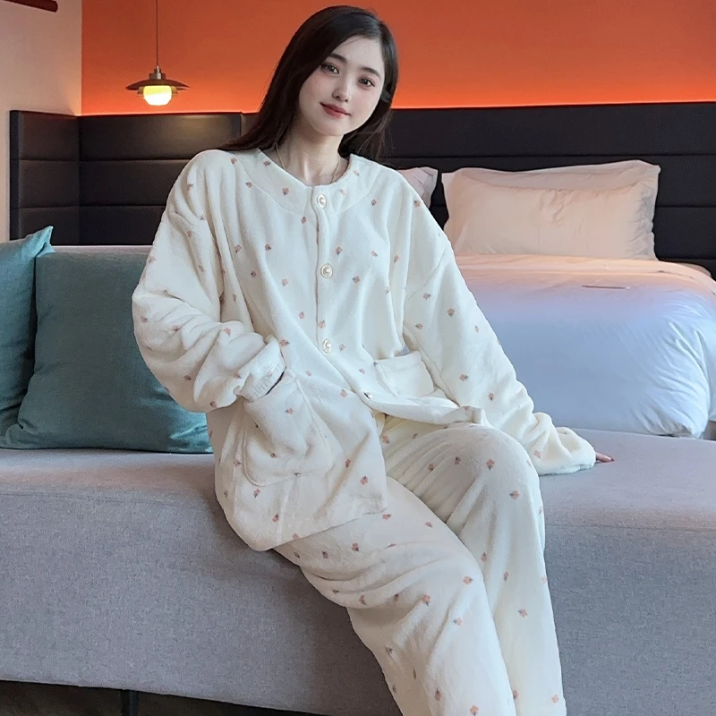 庆同珊瑚绒睡衣女士秋冬季套装长袖加绒加厚保暖柔软舒适家居服