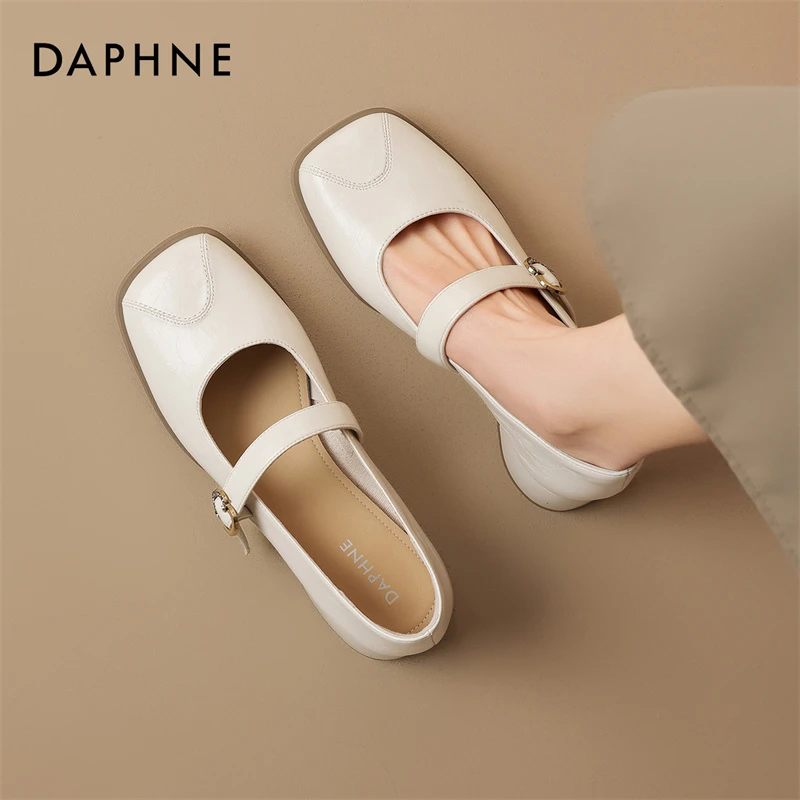 达芙妮软皮舒适方头单鞋2025新款春季法式浅口粗跟玛丽珍鞋小皮鞋