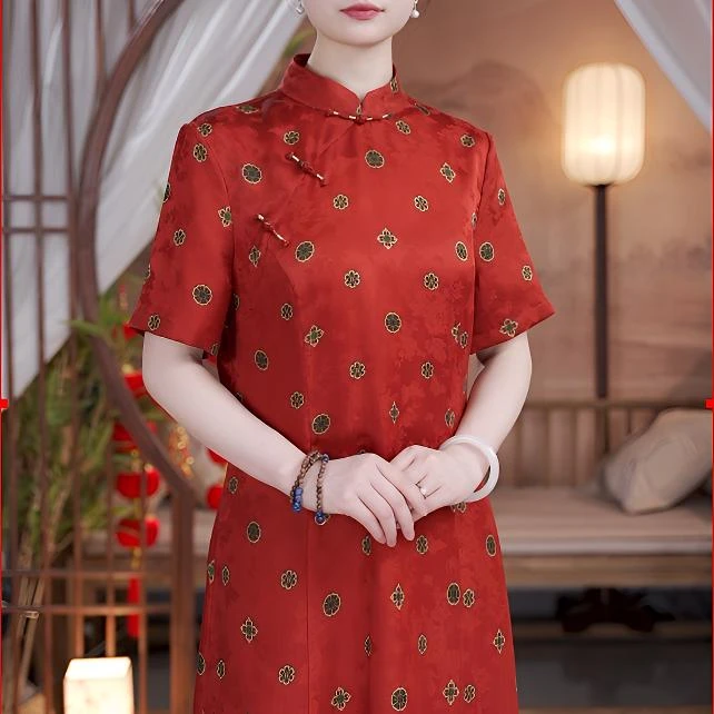 【100%桑蚕丝】宝相花花萝红云纱改良旗袍裙夏国风喜妈妈连衣裙0201