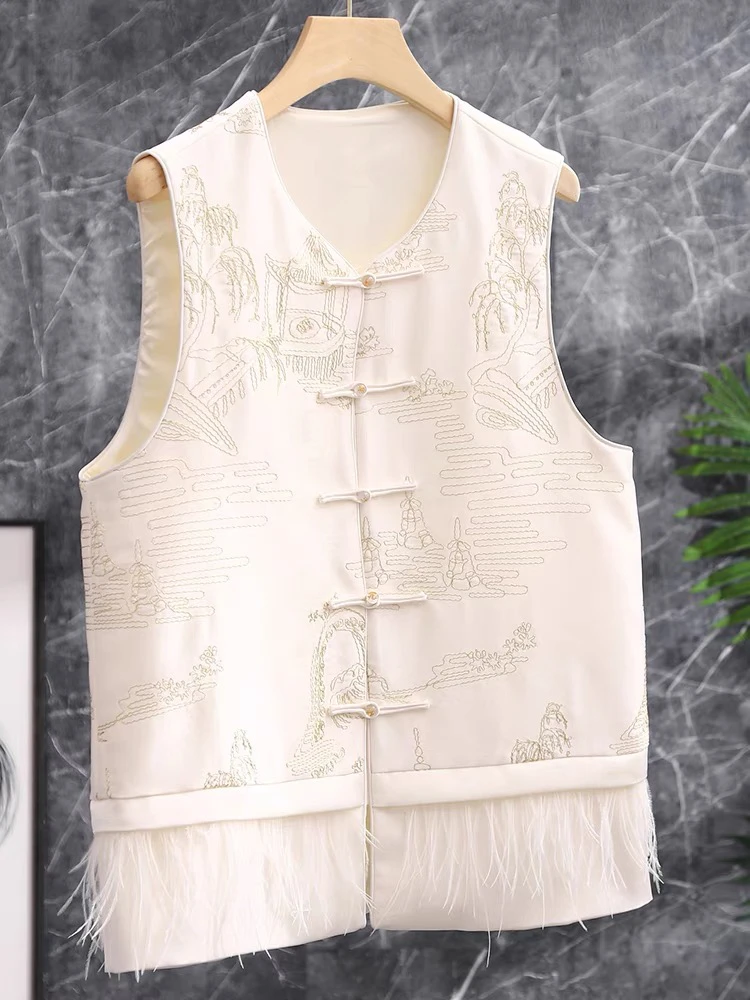 南油朱朱金丝线鸵鸟毛马甲554