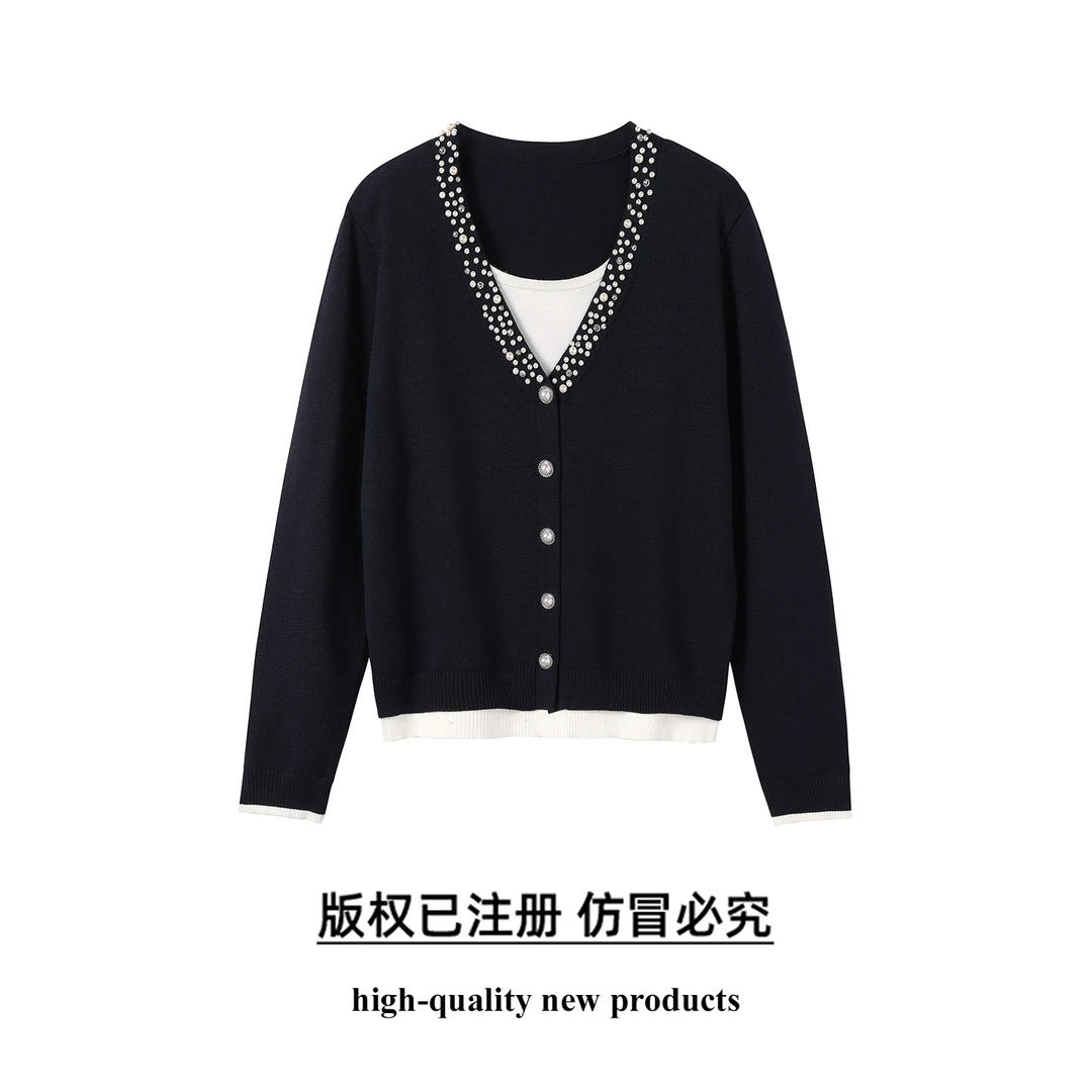 奢姿大码女装2025秋季胖妹妹时尚珍珠装饰V领撞色针织开衫上衣