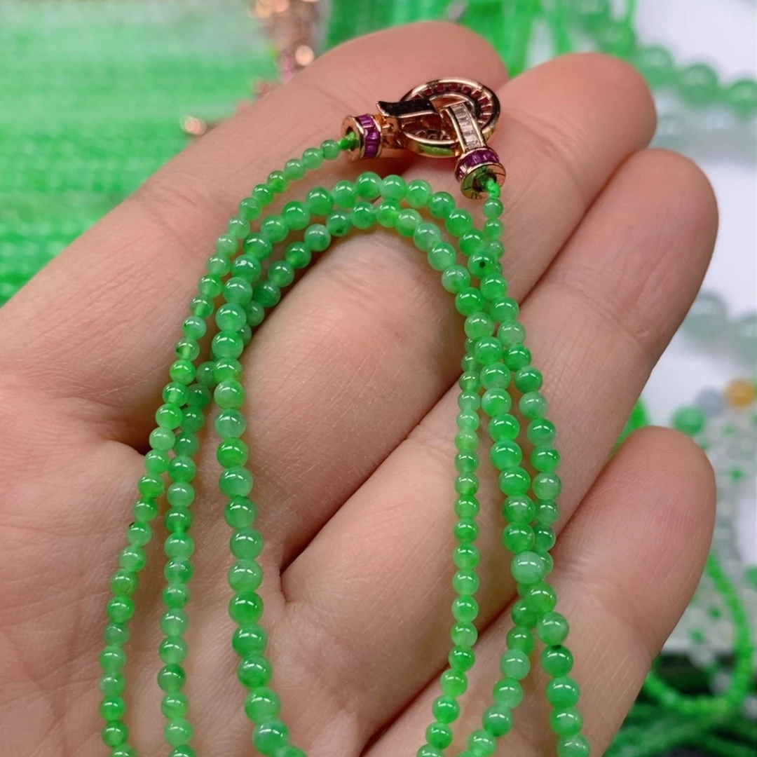 翡翠颈饰未镶嵌冰种阳绿小米珠塔链2.4，3.4m' m