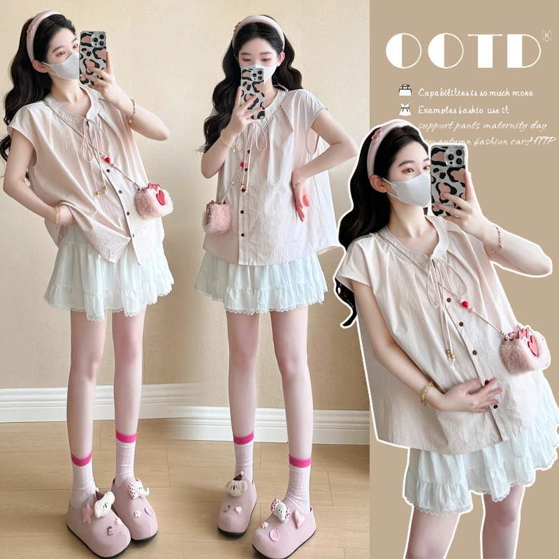 时尚孕妇2025夏季新款宽松减龄衬衫孕妇上衣裤裙外穿韩版甜美套装