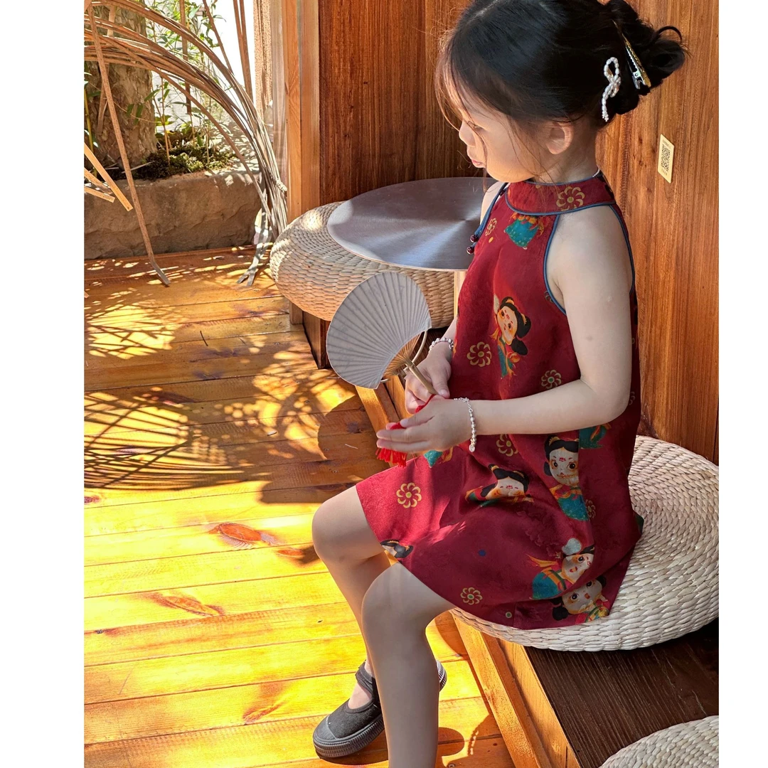 壹妈女童连衣裙2025夏装新款新中式挂脖无袖旗袍国风高级感裙子