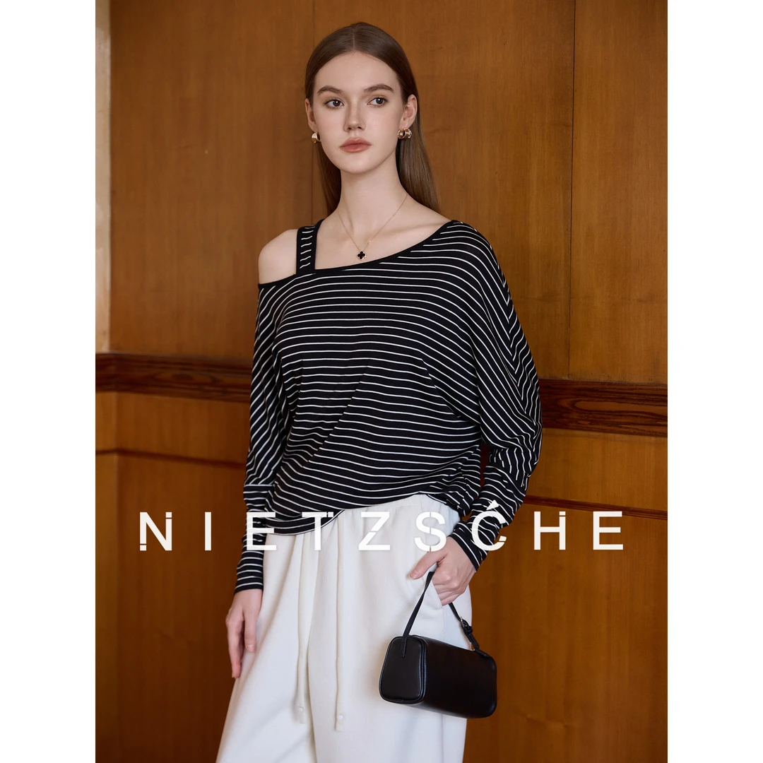 Nietzsche｜海魂香肩T｜天丝羊毛 慵懒斜肩假两件垂顺条纹T恤90209