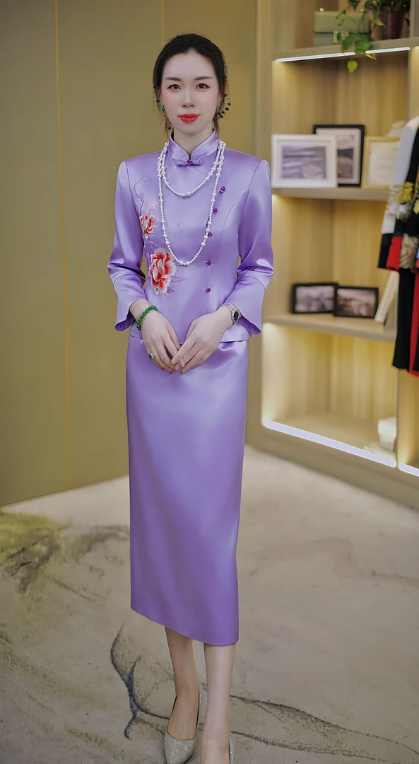 976-2025春季新款中式国风牡丹刺绣立领斜襟盘扣长袖套裙