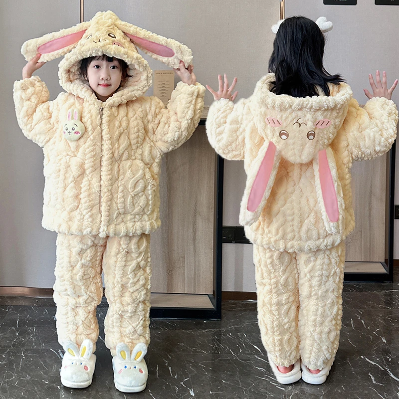 新款儿童睡衣冬季三层夹棉法兰绒女童加绒加厚亲子洋气母女家居服