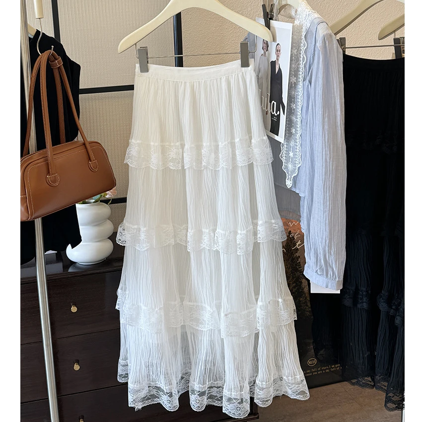 肌理感纱纱裙拼接蕾丝蛋糕裙春夏网纱半身裙女温柔甜美长裙新款白