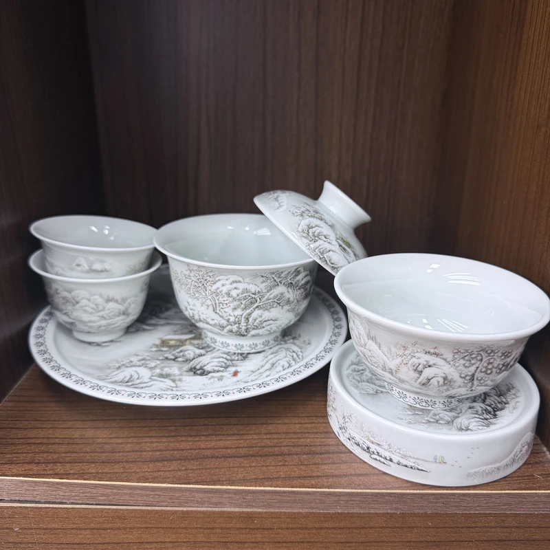 景德镇墨彩点工雪景踏雪寻梅茶具套组高温瓷仿古泥盖碗主人杯0807