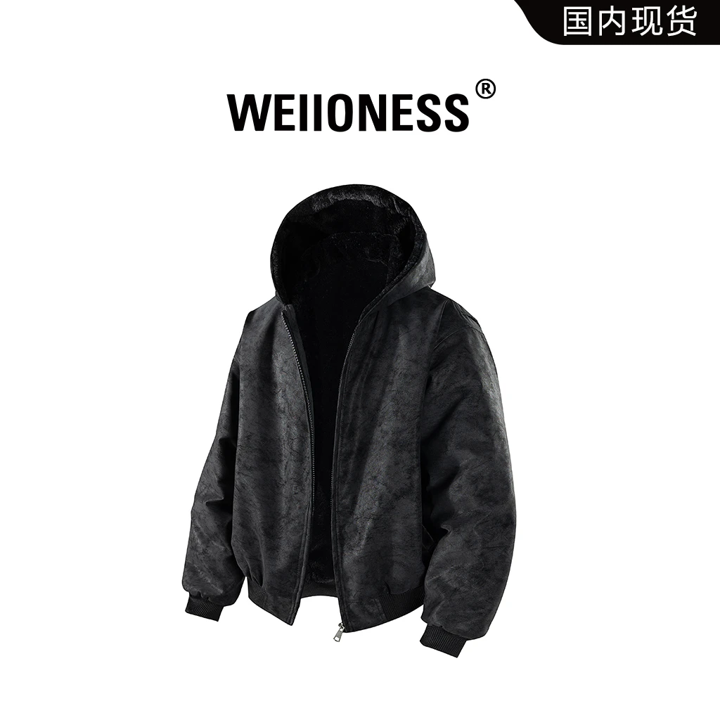 WEIIONESS美式复古连帽座山雕棉衣男冬季加绒加厚仿兔毛棉服外套