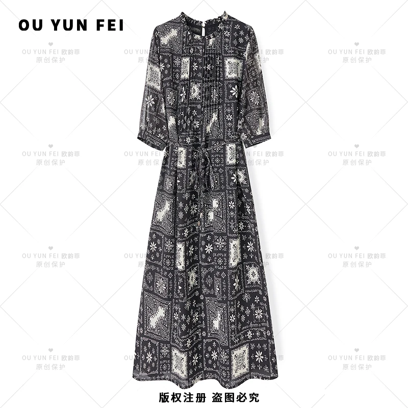 法式连衣裙女新款气质显瘦穿搭时尚洋气印花长裙YZ1018