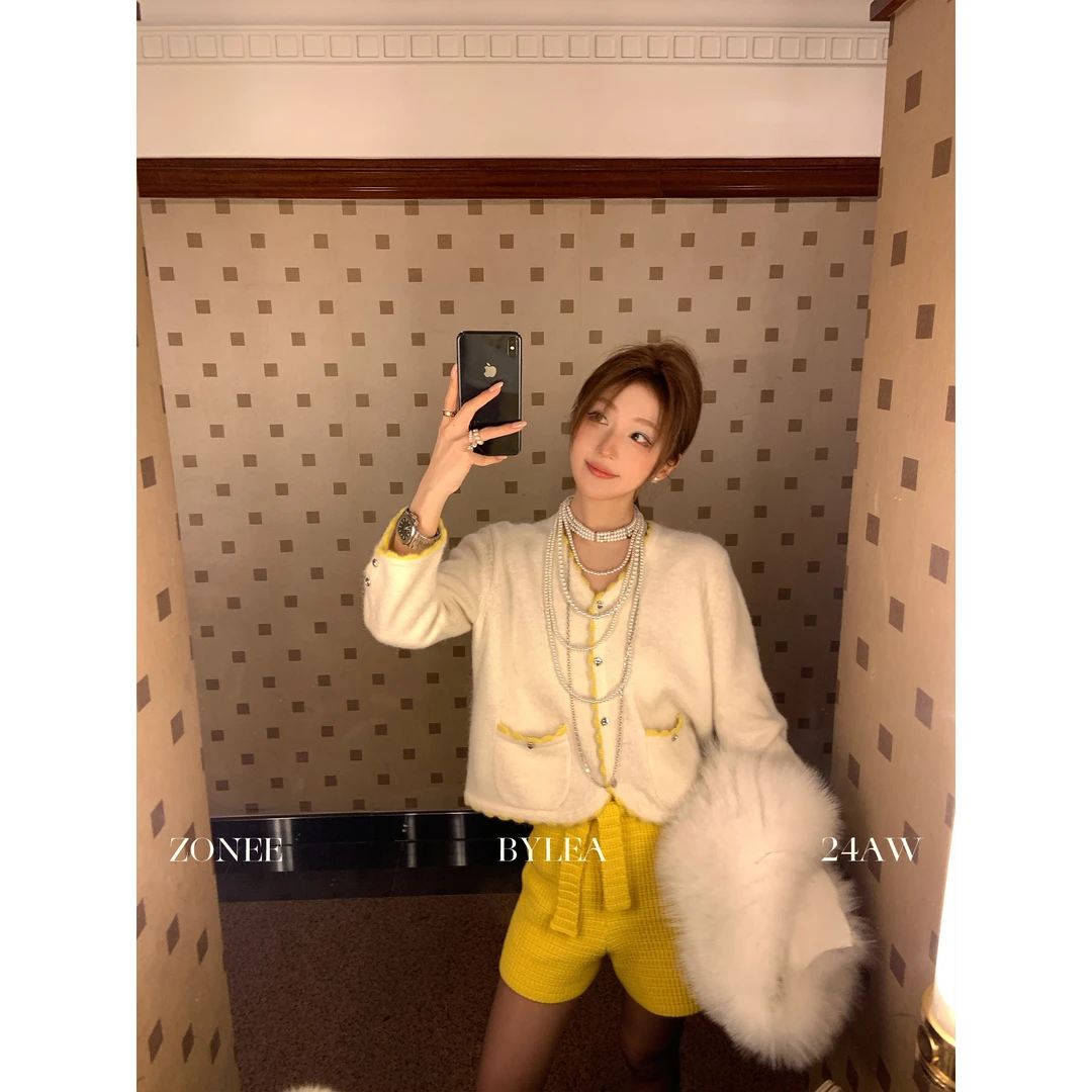 ZONEE 中古柠檬黄 法式精致时髦小香黄色明线羊驼毛羊毛针织开衫