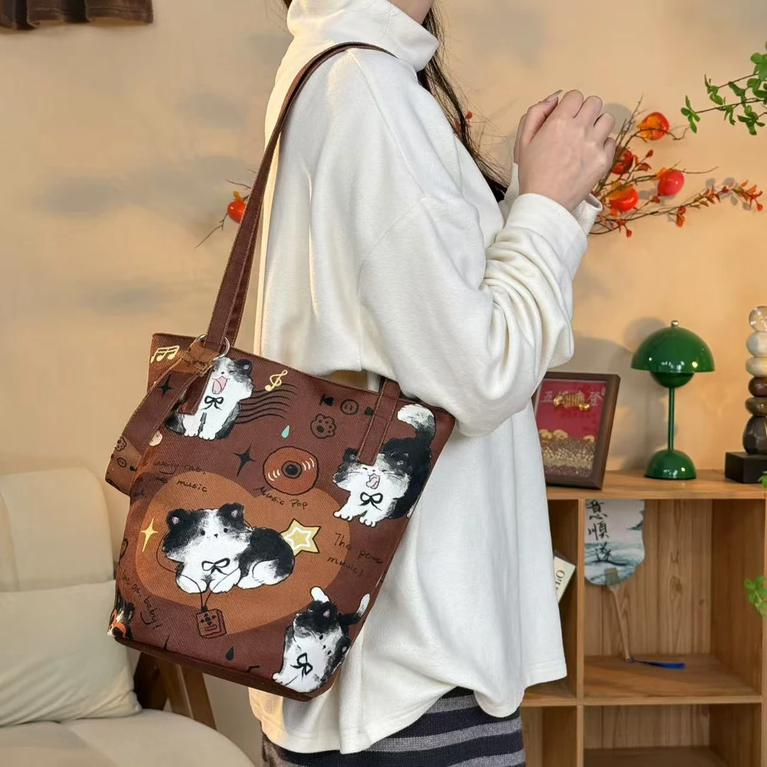 典舍 美式复古美拉德可爱小猫百搭帆布包复古大容量单肩包AI B7