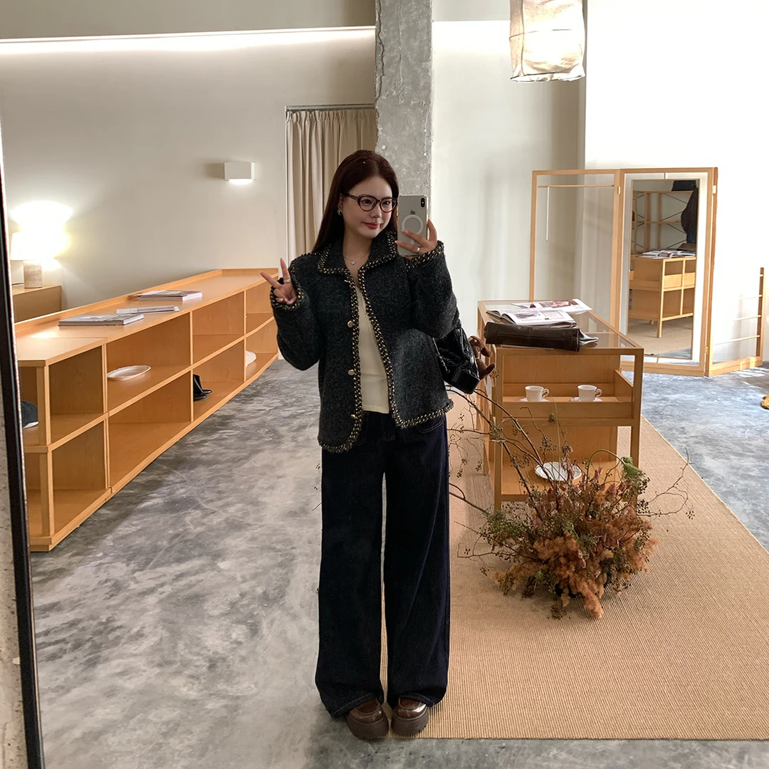 王葡萄【怀旧腔调】复古港风高腰阔腿牛仔裤显瘦直筒拖地裤DM1336
