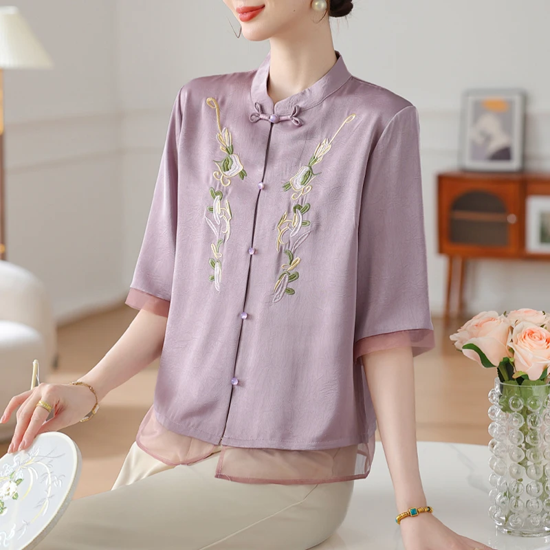 新中式妈妈装夏装国风薄款开衫上衣中老年女夏季中袖刺绣衬衫小衫
