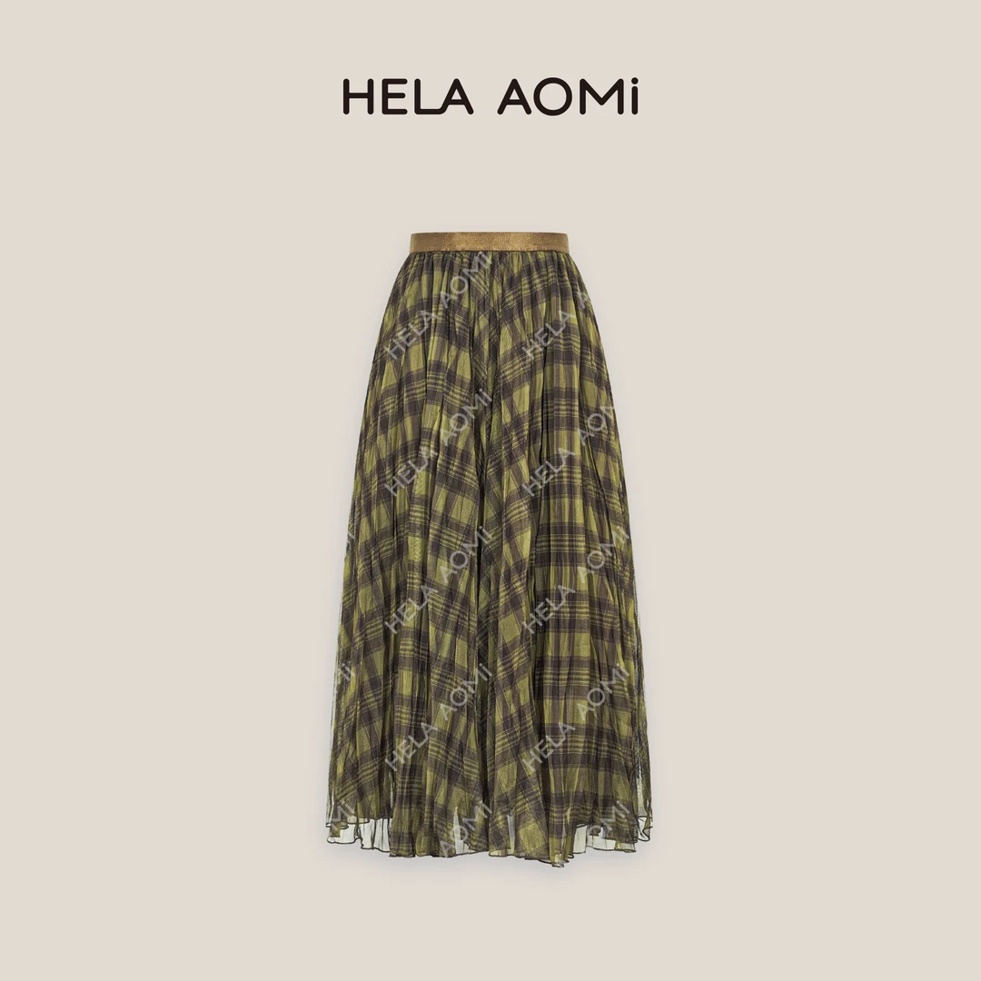 HELA AOMI“扇形格纹”复古格纹网纱不规则层次感半身裙CY5CM71553