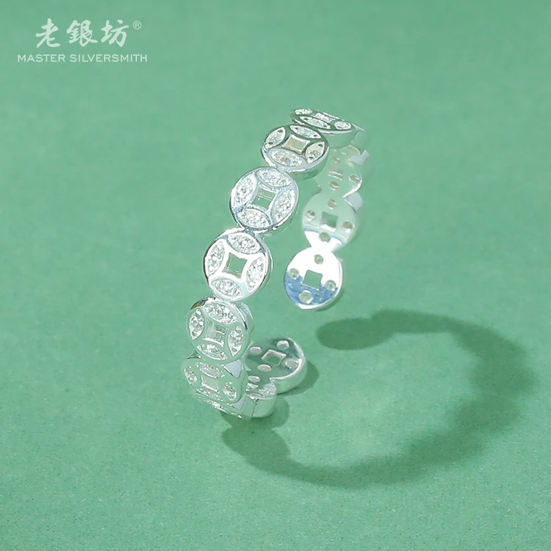 925银戒指 满镶金钱开口戒 00312680