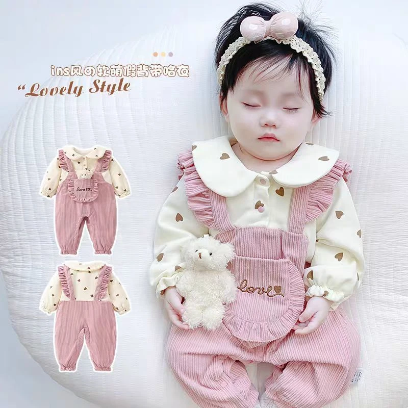 【小灿家】爱心假背带双层连体 春装新款女宝新生百天超萌外出爬服