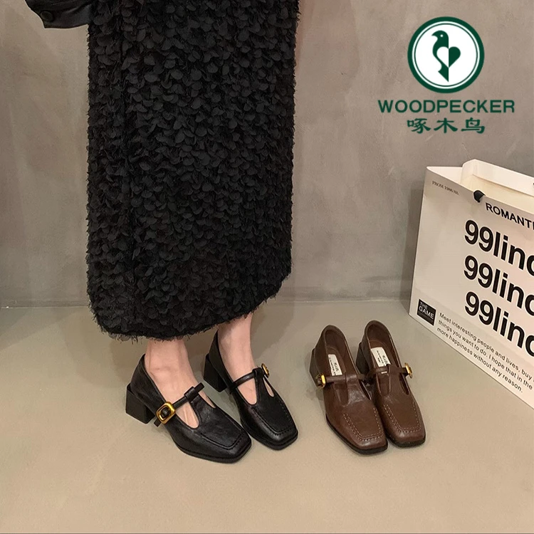 啄木鸟小众设计感粗跟单鞋时尚百搭方头小皮鞋法式复古玛丽珍鞋女